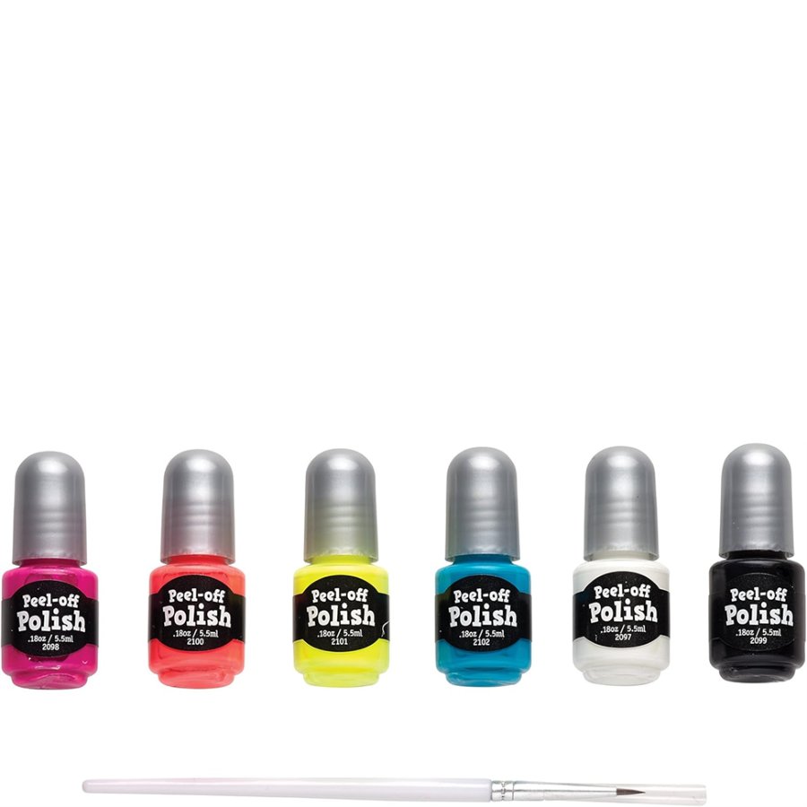 Set of six peel-off nail polish bottles with a brush on a white background