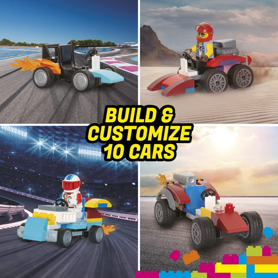 Collage of toy cars with customizable options and building theme.