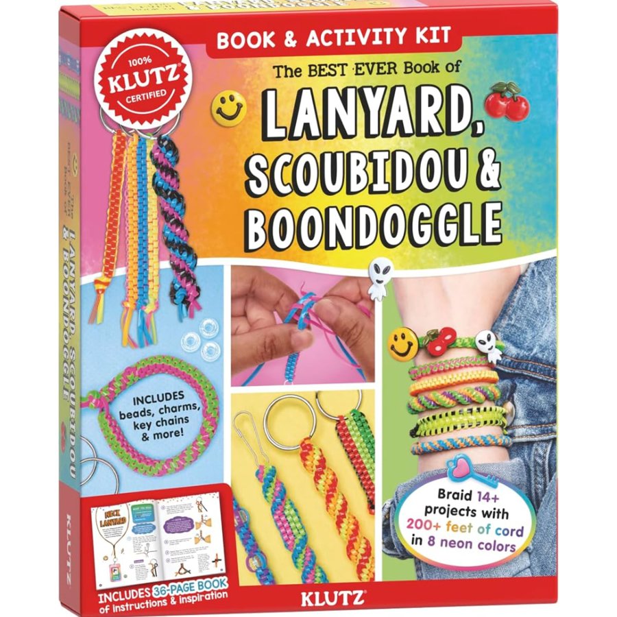 Klutz book and activity kit for making lanyards, scoubidou, and boondoggle with colorful text and images.