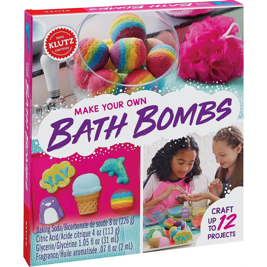 Klutz bath bombs craft kit packaging with colorful bath bombs and children making them.