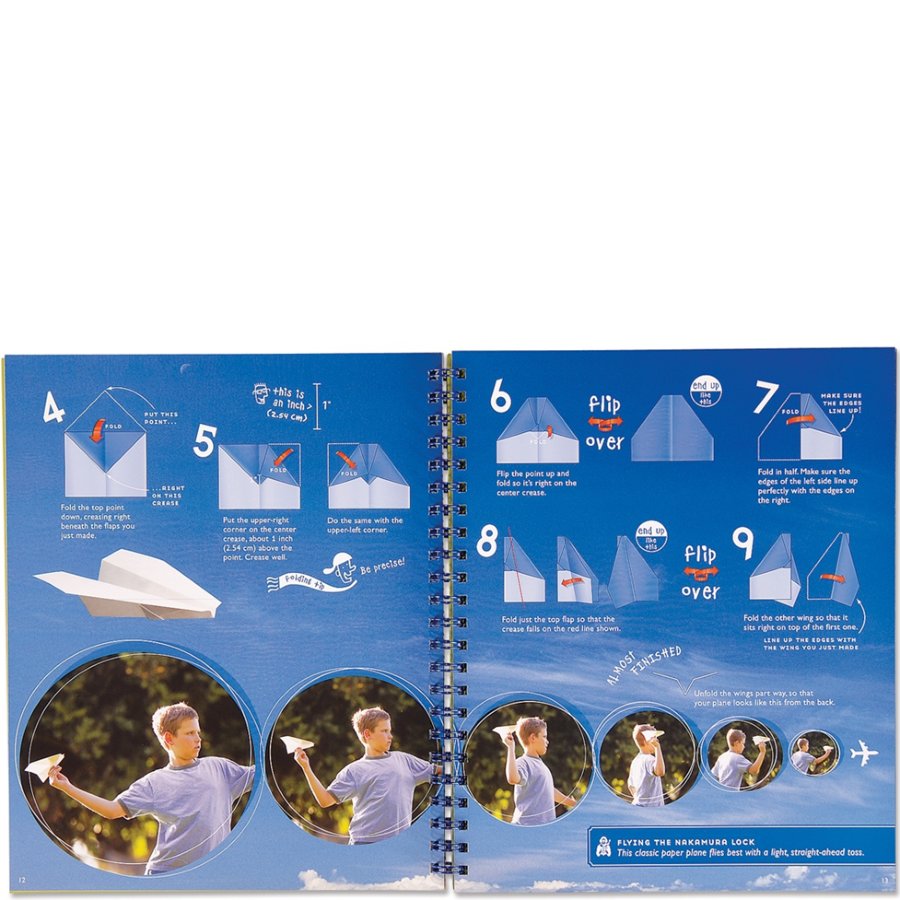 Instructional book on how to make a paper airplane with step-by-step diagrams and images of a person flying it.