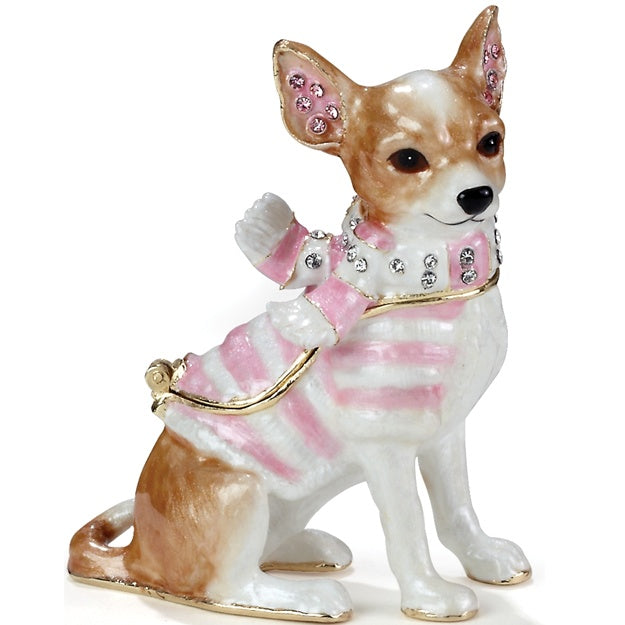 Dog figurine wearing a pink and white striped sweater with decorative elements on a white background