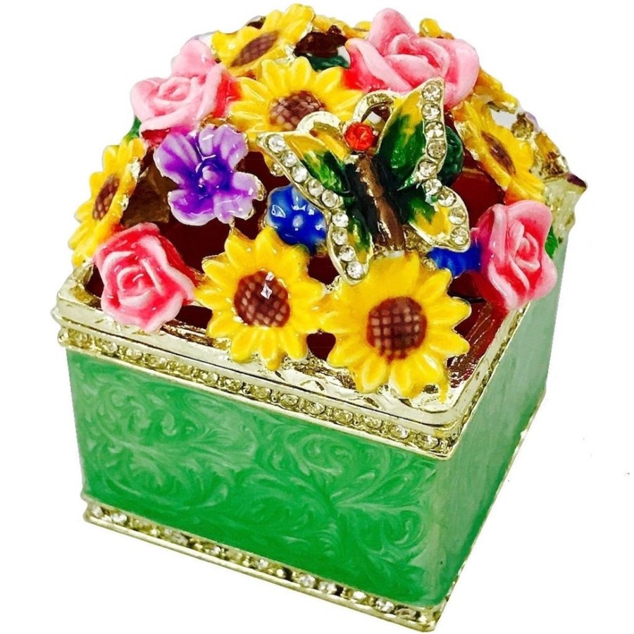 Decorative box with colorful flowers and a butterfly on a white background