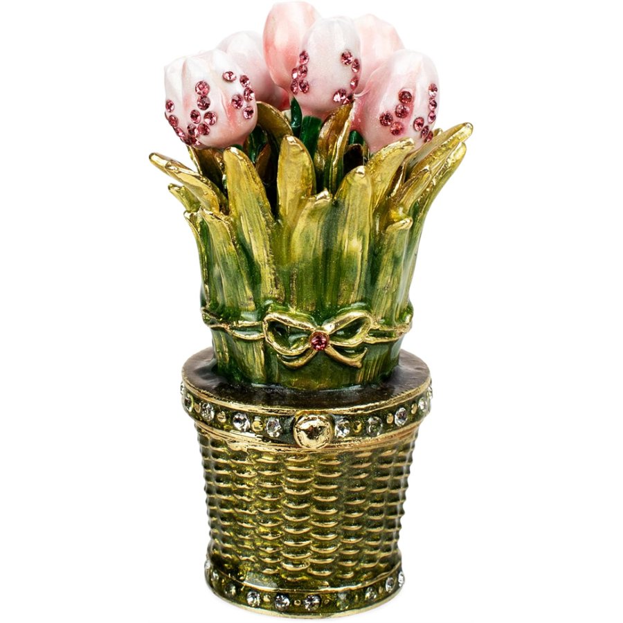 Decorative basket with pink tulips and gold accents on a white background