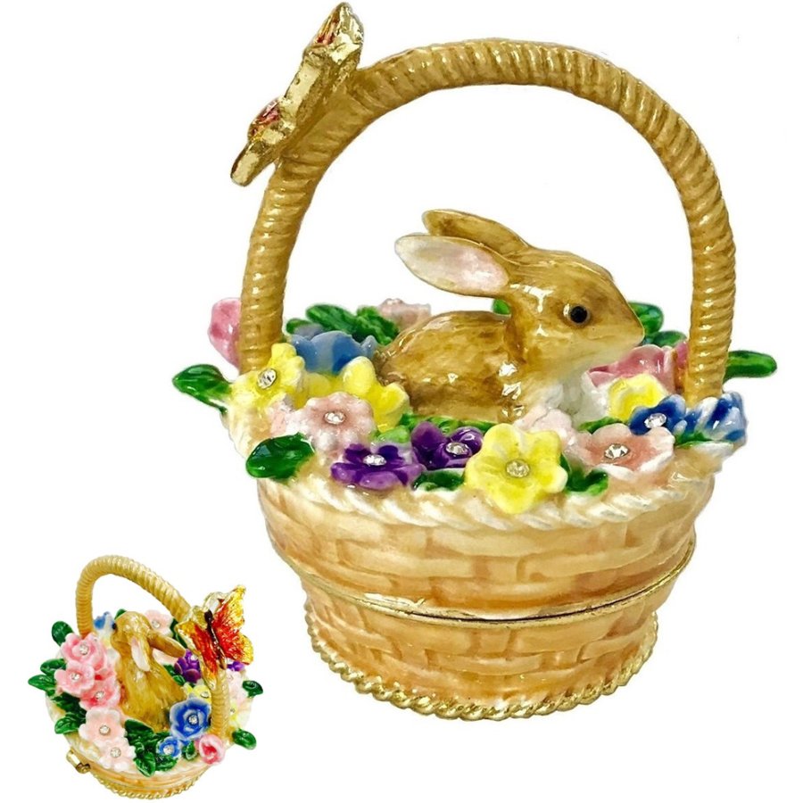 Decorative Easter basket with a rabbit and flowers on a white background
