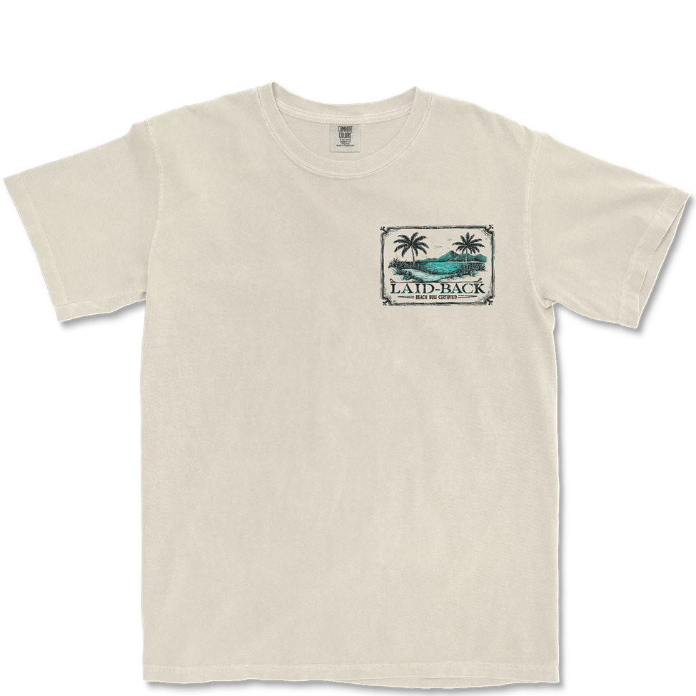 Beige t-shirt with a graphic design on a white background