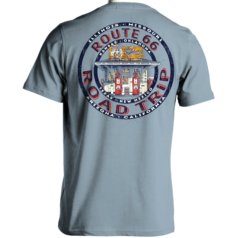 Gray t-shirt with Route 66 graphic on the back against a white background