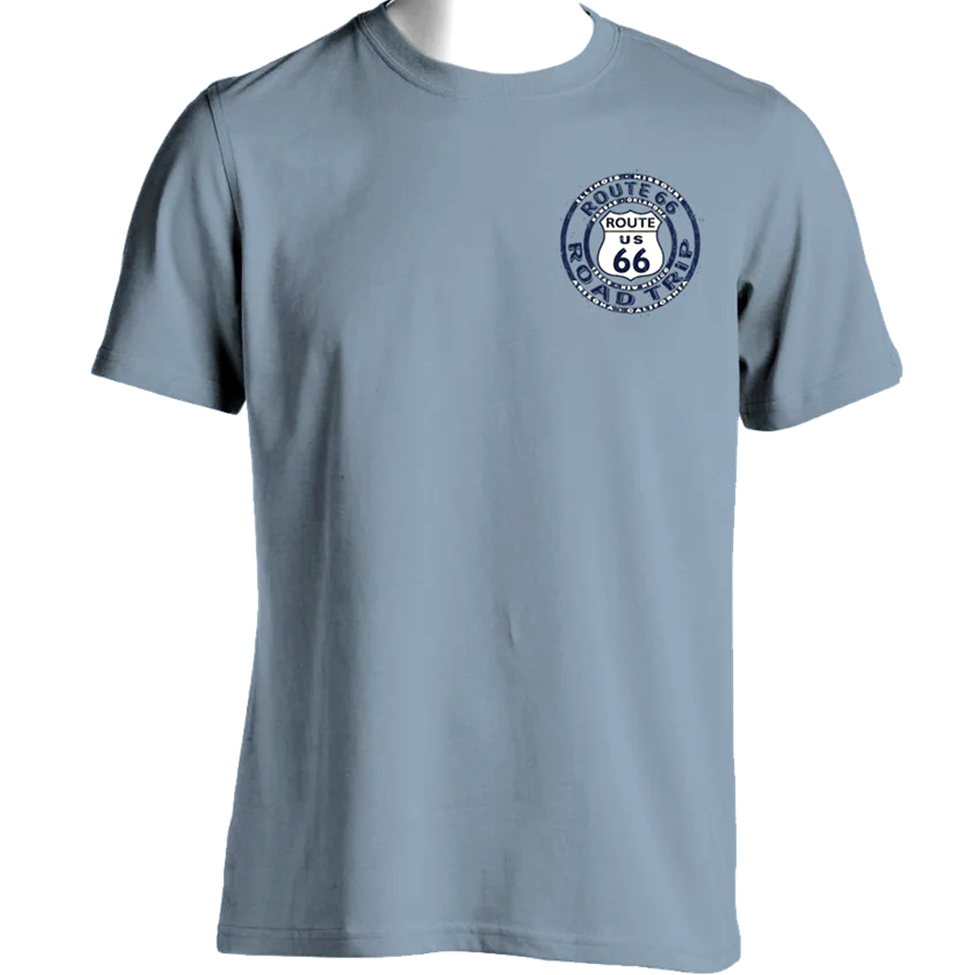 Gray t-shirt with Route 66 graphic on a white background