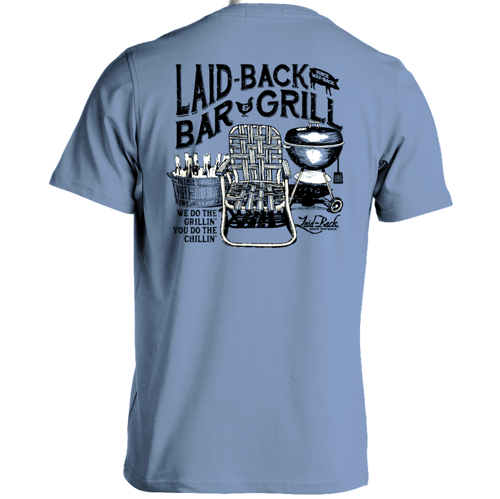 Light blue t-shirt with black graphic and text on a white background