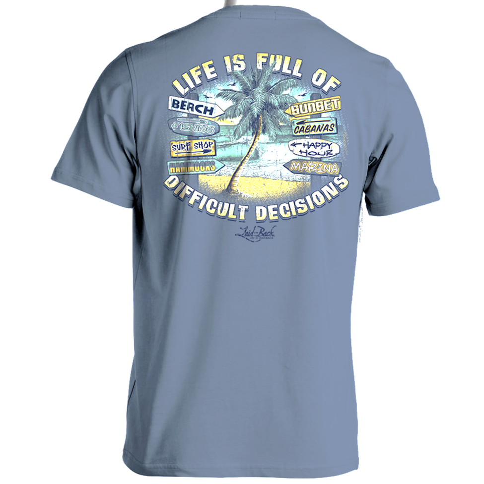 Gray t-shirt with a beach-themed graphic and text on the back
