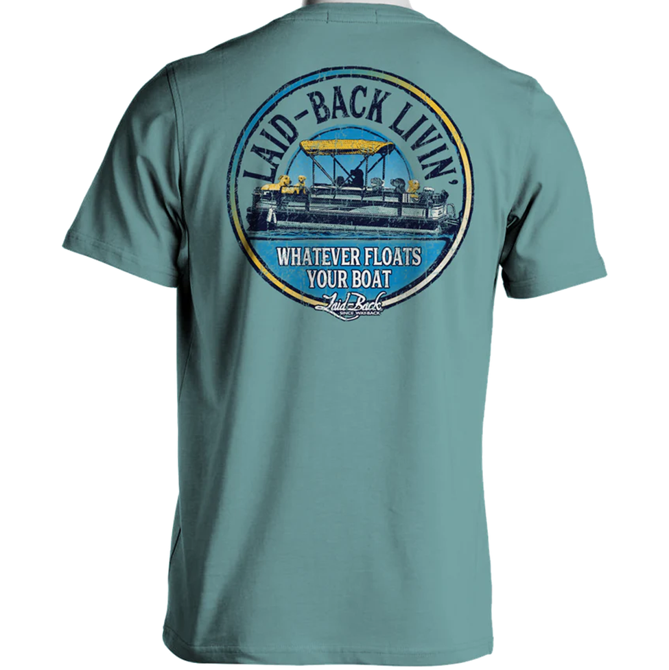 Teal t-shirt with a graphic design on the back featuring text and a boat image.