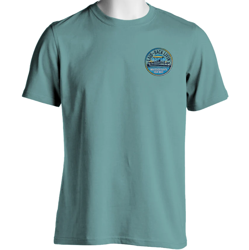 Teal t-shirt with a logo on the chest against a white background
