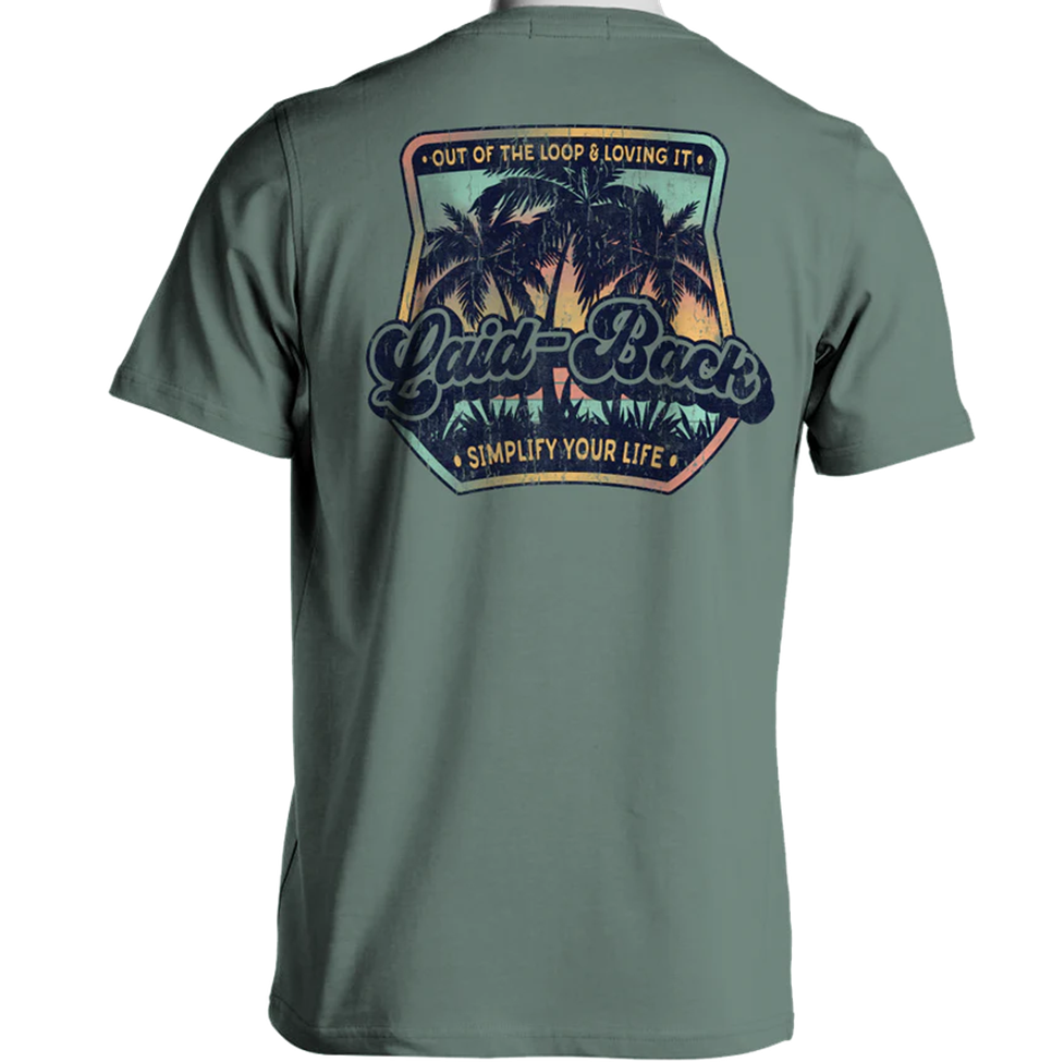 Green t-shirt with a palm tree design and text on the back against a white background