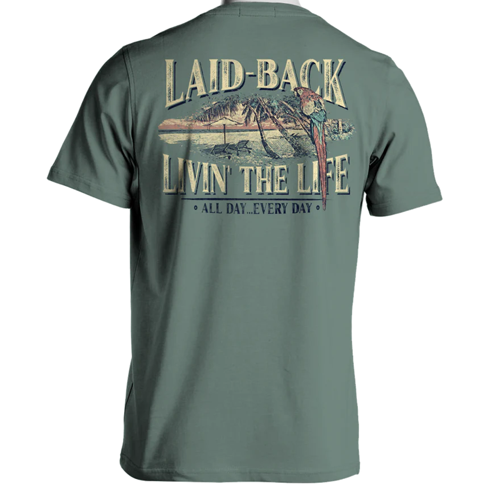 Green t-shirt with a graphic and text on the back, displayed against a white background.