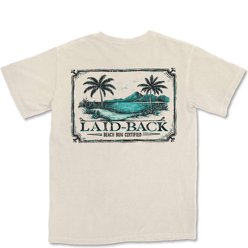 Beige t-shirt with tropical graphic and 'Laid-Back' text on a white background
