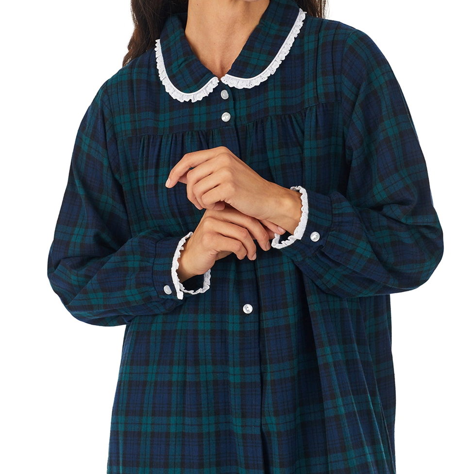 Navy and green plaid nightshirt with white trim on a white background