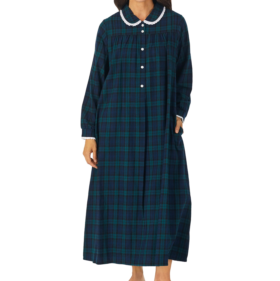 Navy plaid nightgown with white collar on a white background