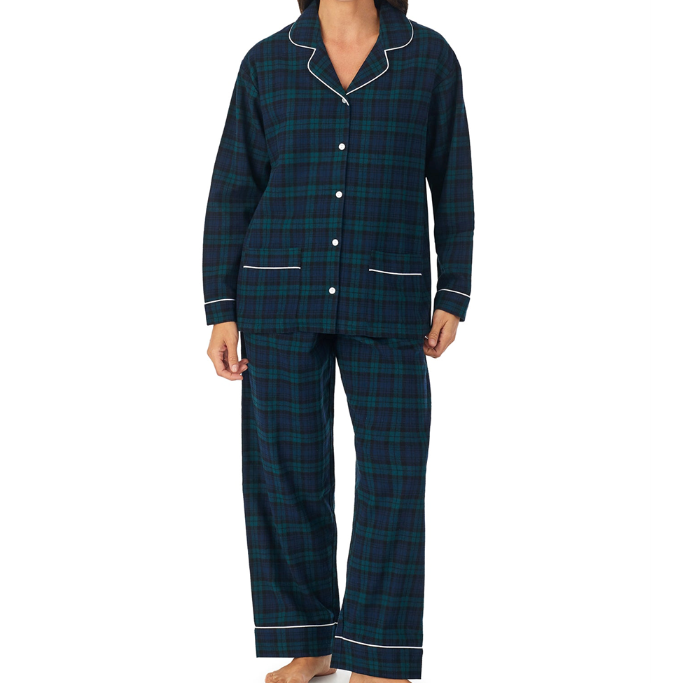 Navy plaid pajama set with white buttons and trim on a white background
