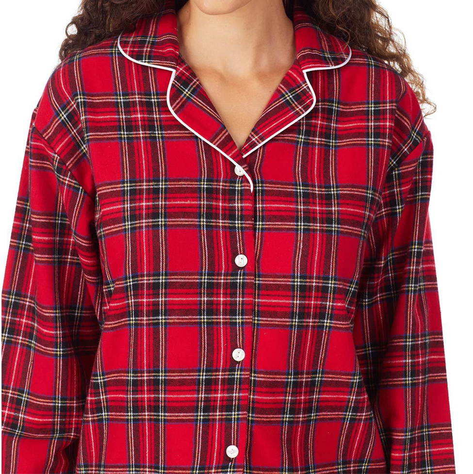Red plaid pajama shirt with white buttons on a white background