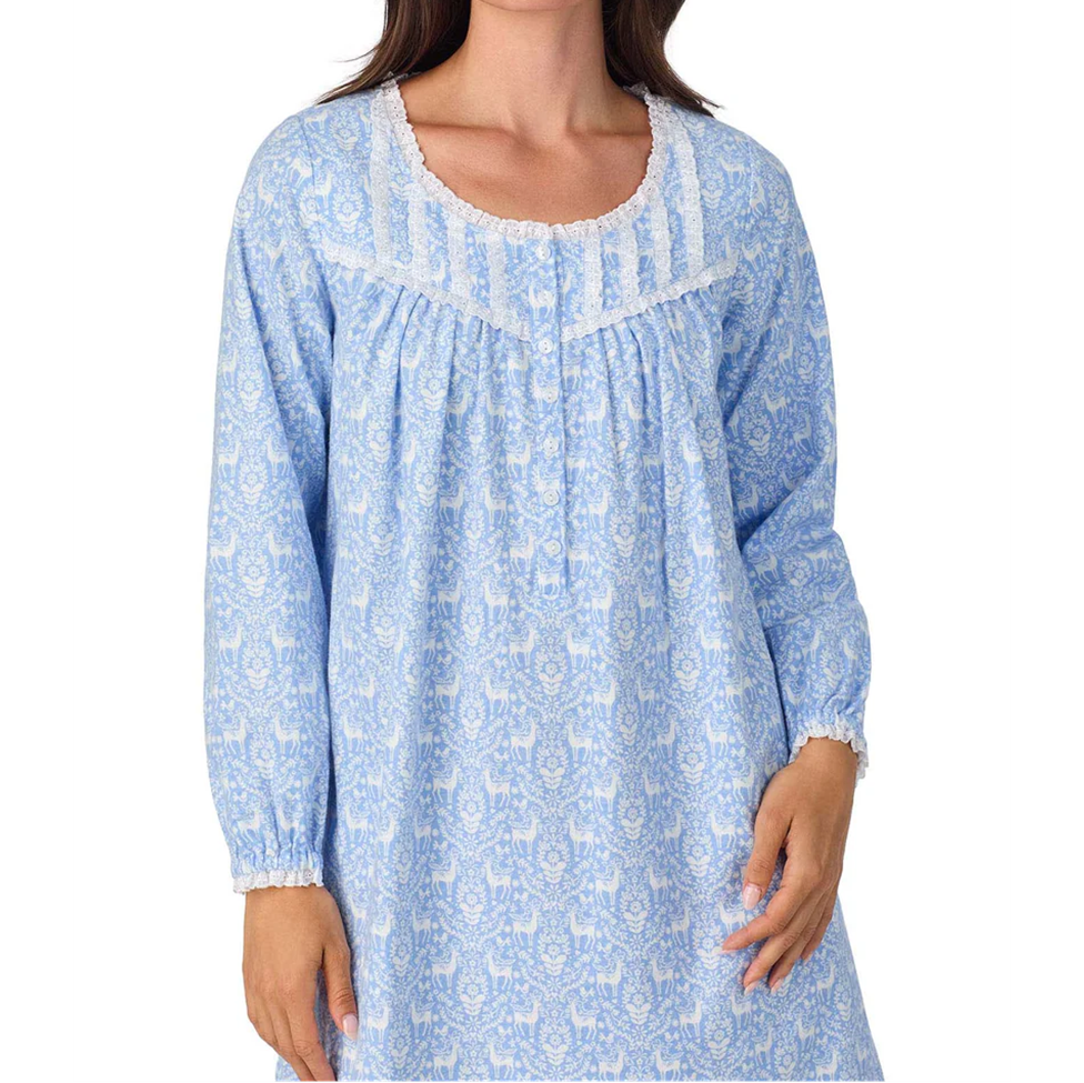 Light blue nightgown with white patterns on a white background