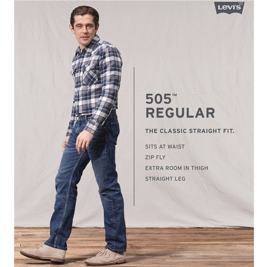 Man wearing Levi's 505 jeans with brand logo and product details on a plain background