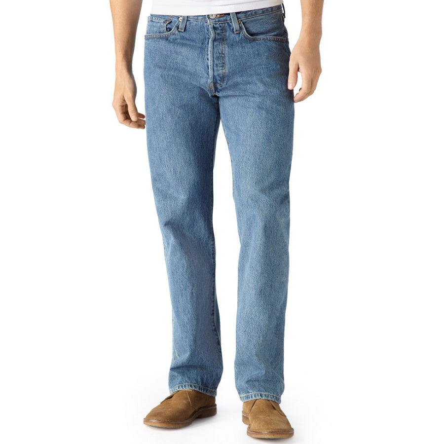 Light blue jeans worn by a person on a white background