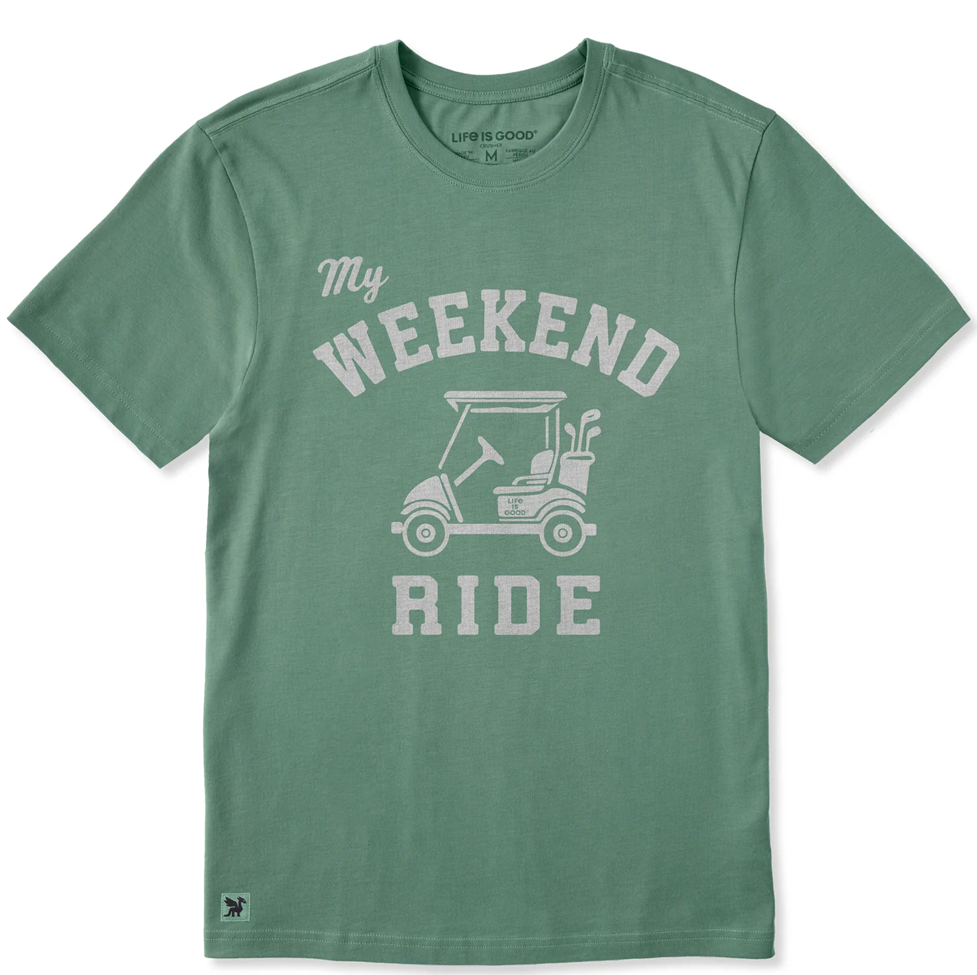 Green t-shirt with 'My Weekend Ride' graphic on a white background