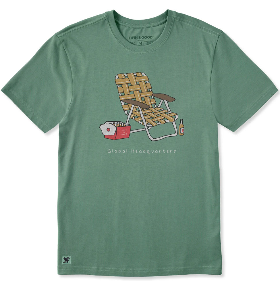 Green t-shirt with a graphic of a lounge chair and cooler on a white background