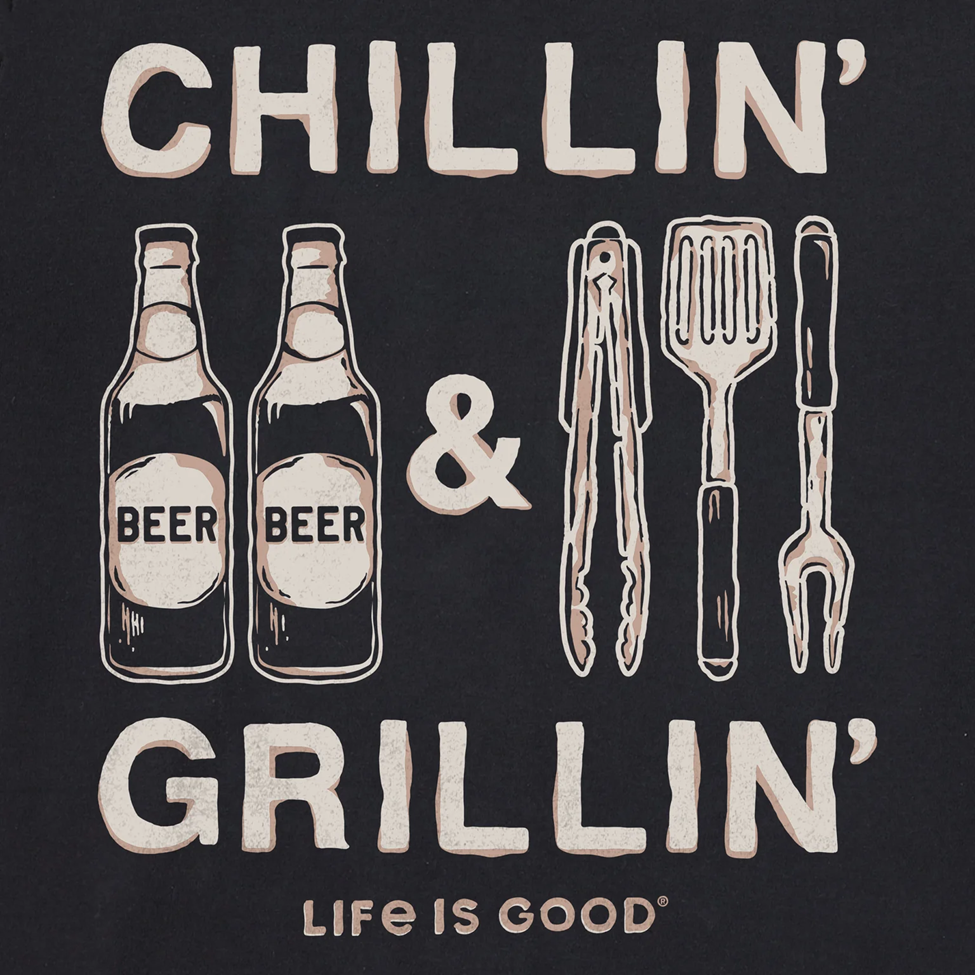 Black t-shirt with 'Chillin' & Grillin' Beer Life is Good' design on a dark background