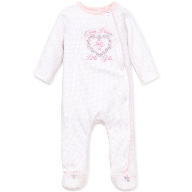Pink baby onesie with Thank Heavens For Little Girls design on a white background