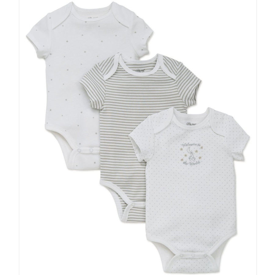 Three baby bodysuits with different patterns on a white background