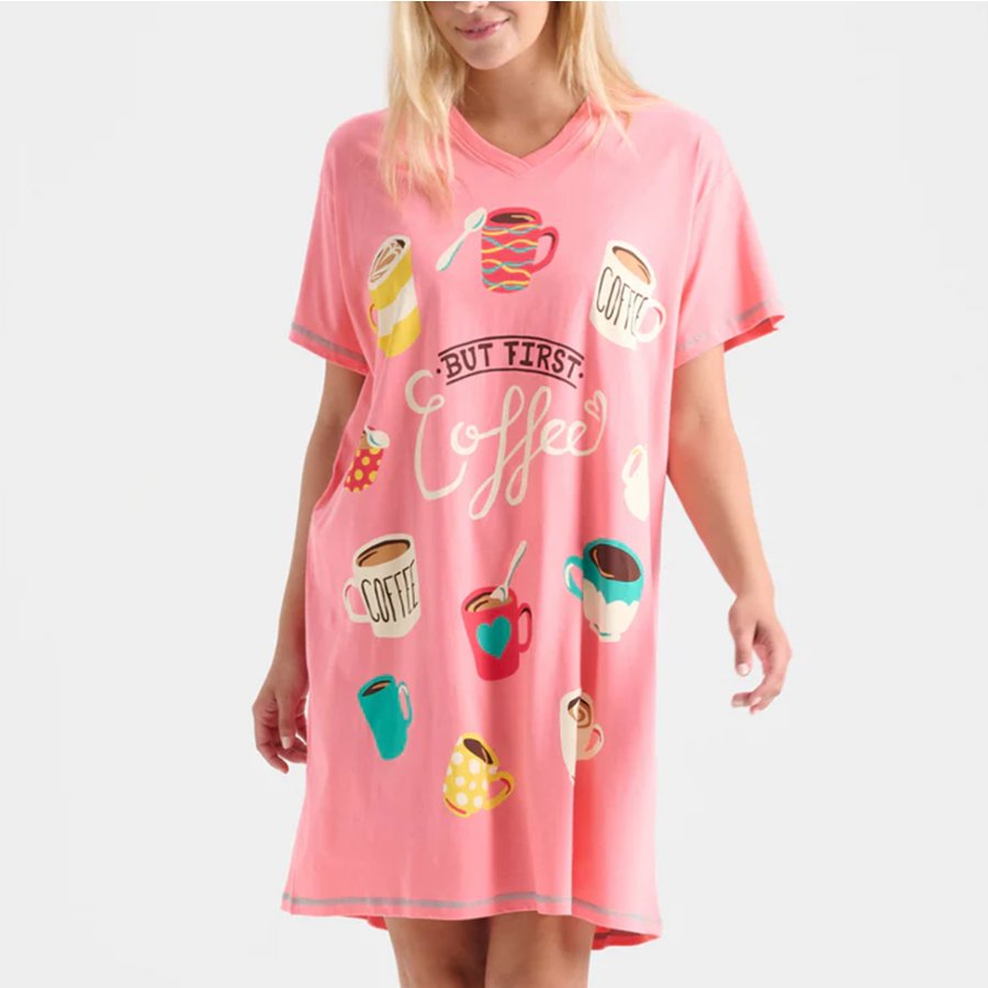Pink nightshirt with coffee-themed graphics on a white background