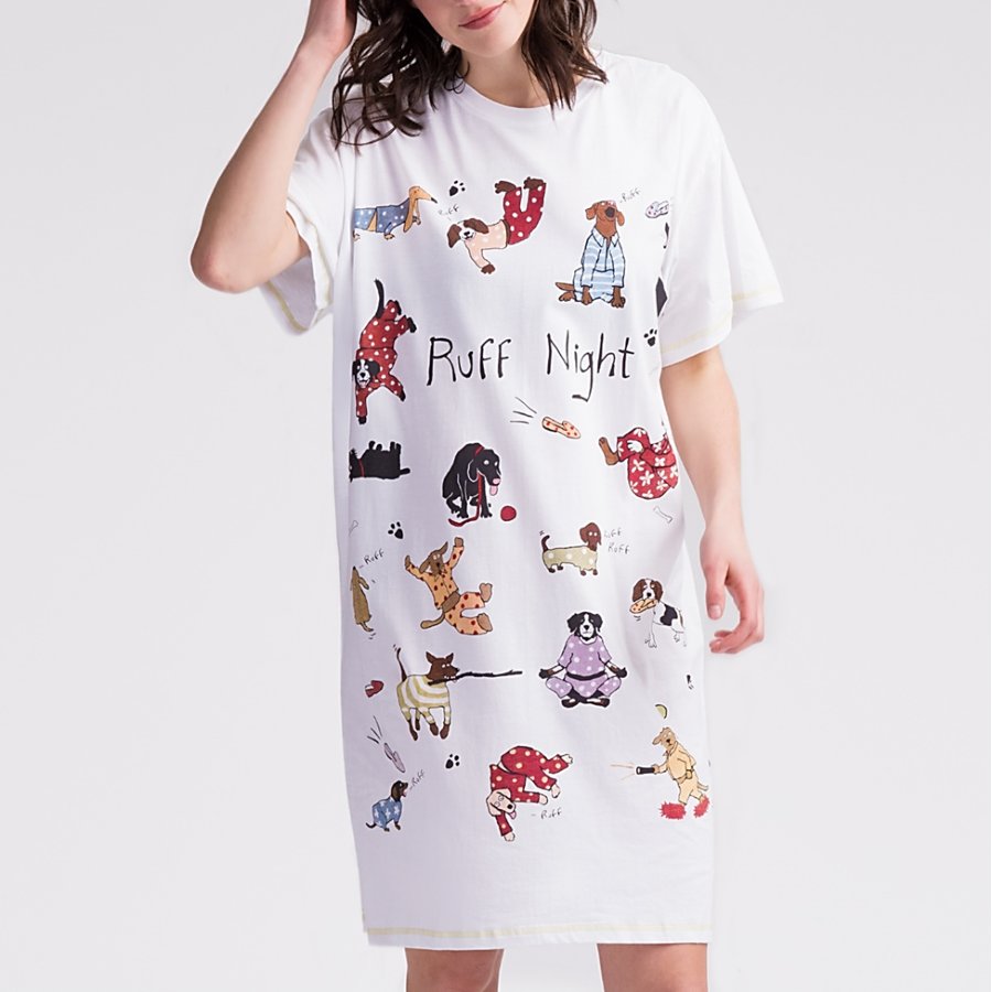 White nightshirt with dog illustrations and 'Ruff Night' text on a white background