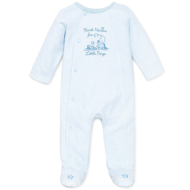Baby onesie and hat set with Thank Heaven For Little Boy pattern on a white background
