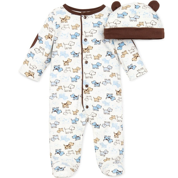 Baby onesie and hat set with puppy pattern on a white background