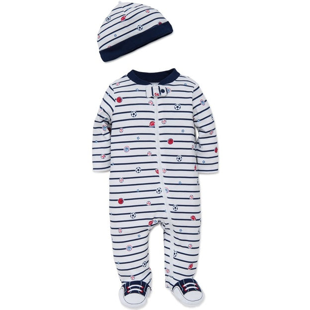 Baby outfit with striped onesie, hat, and shoes on a white background