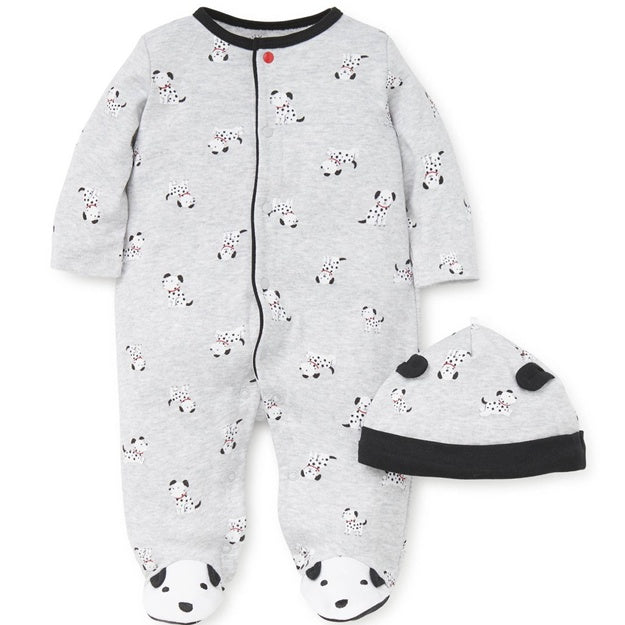 Baby onesie and hat set with panda pattern on a white background
