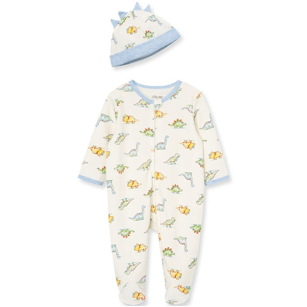 Baby onesie with dinosaur pattern and matching hat on a white background