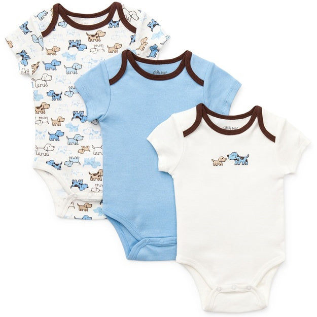 Three baby bodysuits with different patterns on a white background