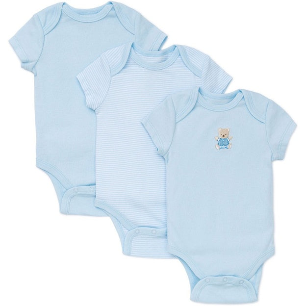 Three light blue baby bodysuits with a teddy bear design on a white background