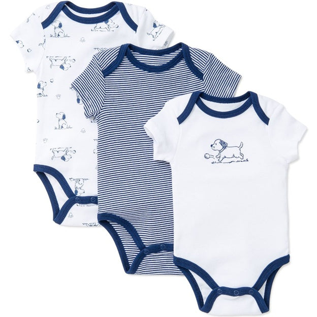 Three baby bodysuits with different patterns on a white background