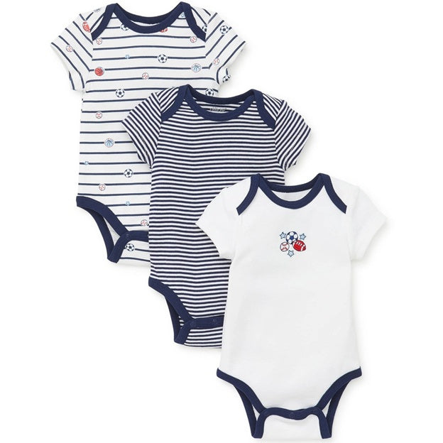 Three baby bodysuits with different patterns on a white background