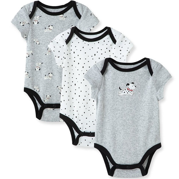 Three baby bodysuits with different patterns on a white background