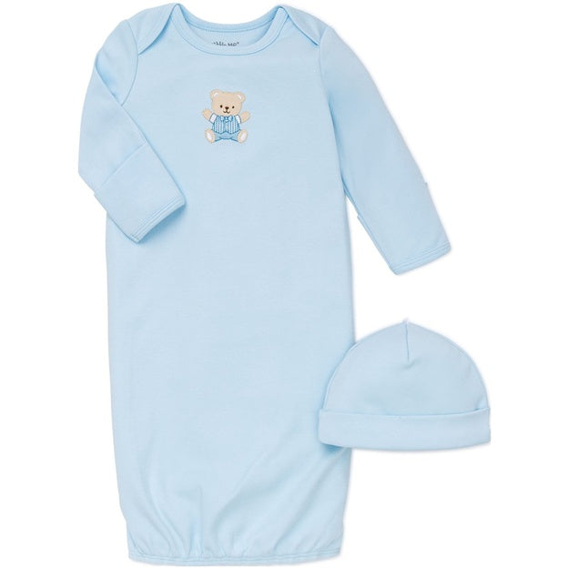 Blue baby gown with matching hat on a white background