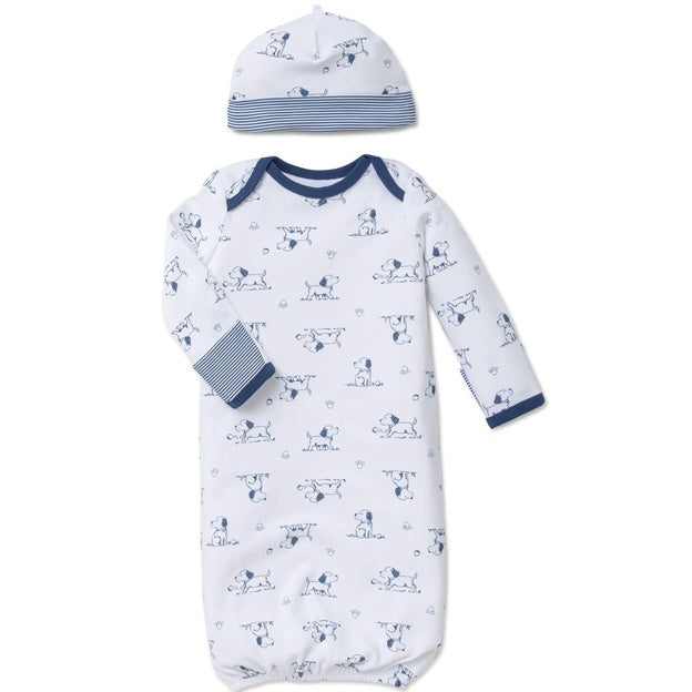 Baby gown and hat set with dog pattern on a white background