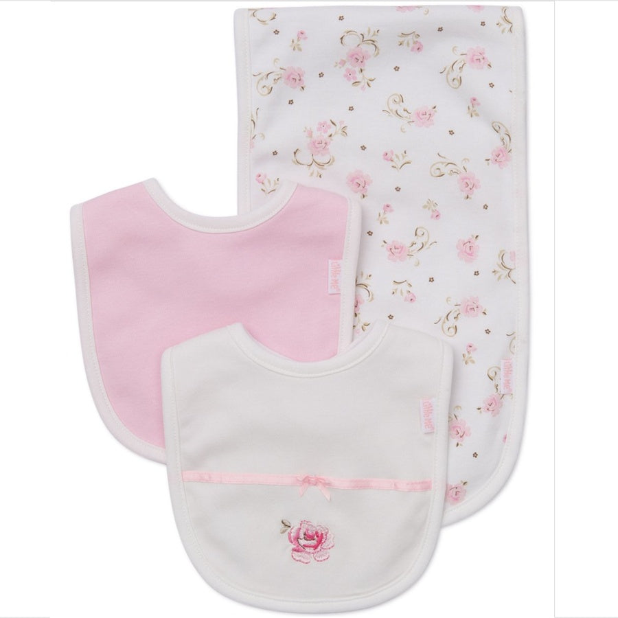 Two baby bibs, one pink and one with floral pattern, on a white background