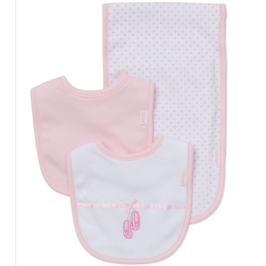 Set of two baby bibs with pink and white design on a white background