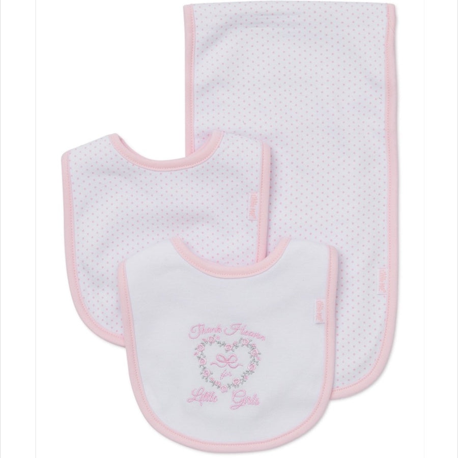 Set of baby bibs with pink trim and embroidered text on a white background