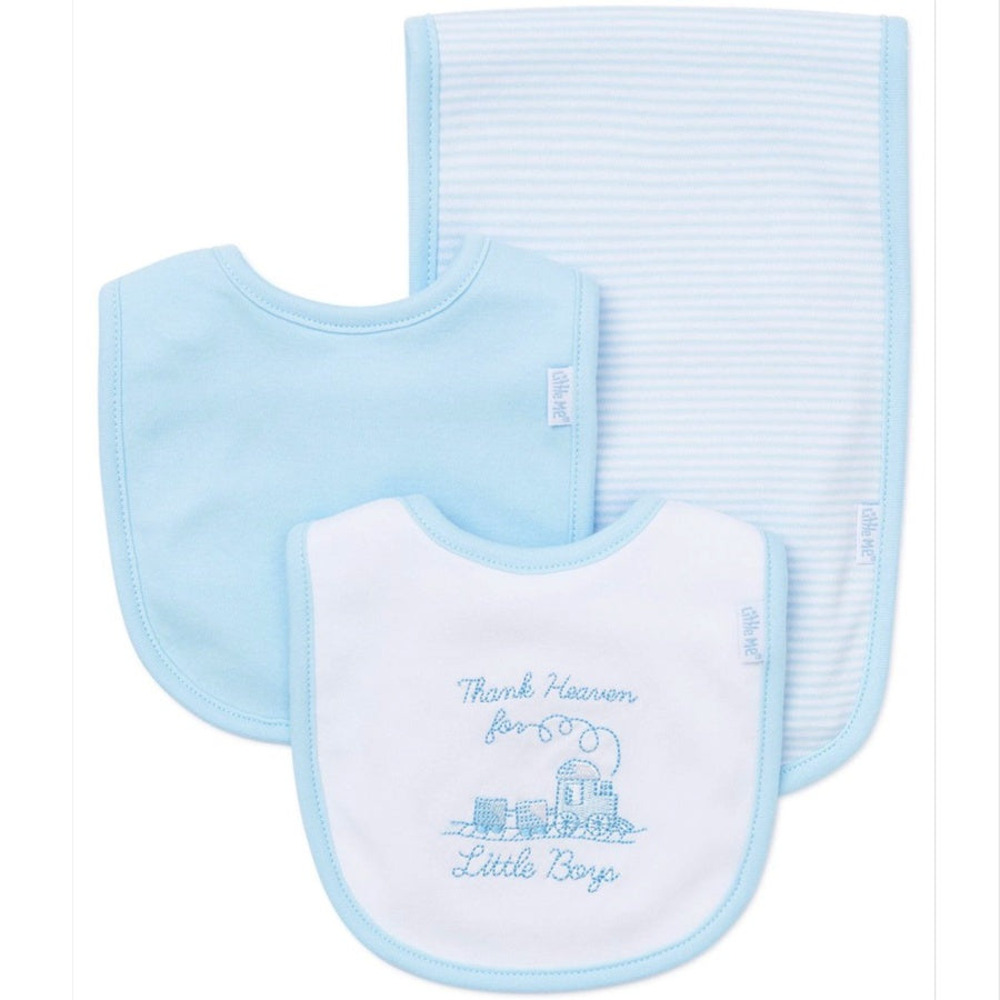 Set of baby bibs and a blanket with text on a white background