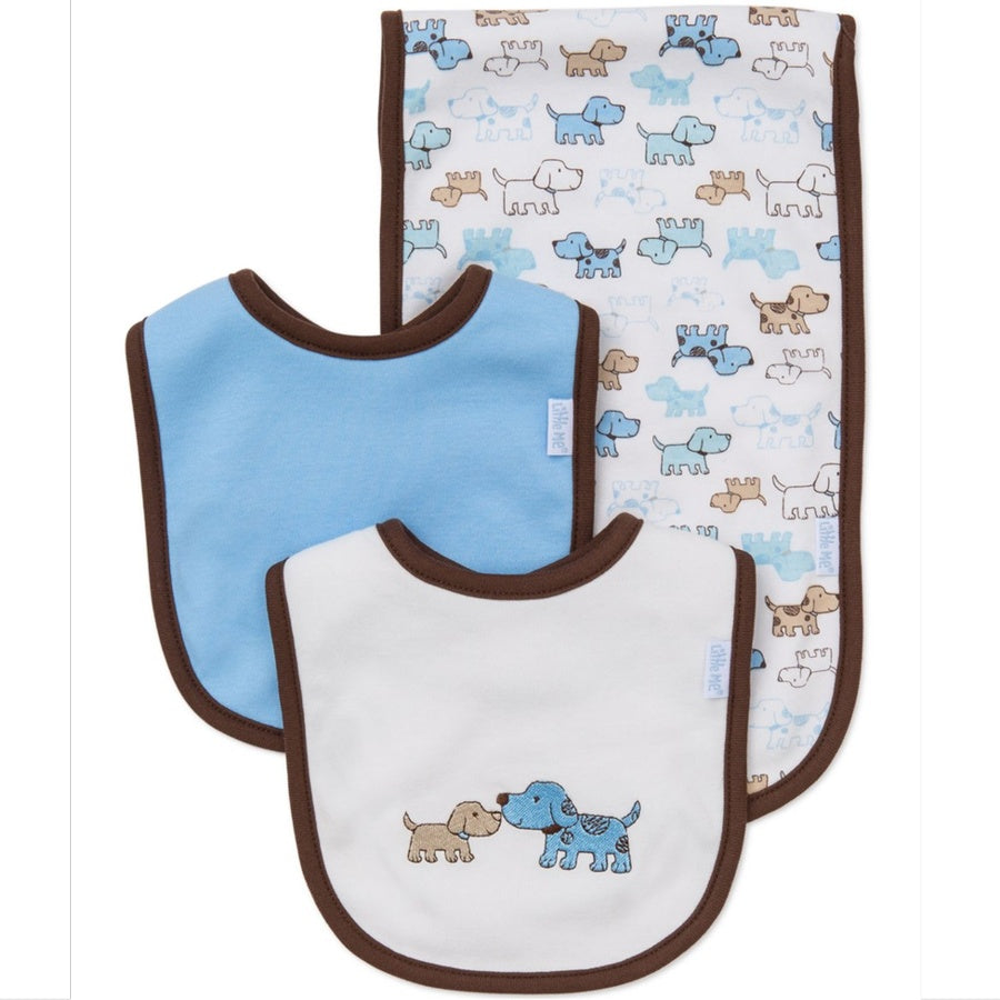Two baby bibs with dog pattern and a baby blanket with dog pattern on a white background